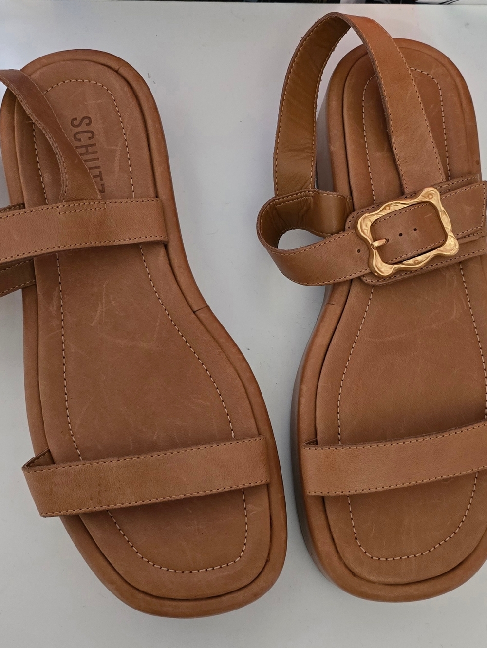 SCHUTZ Brown Leather Double-Strap Sandals with Gold Buckle